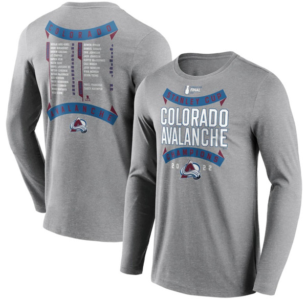 Men's Colorado Avalanche Gray 2022 Stanley Cup Champions Back Check Multi-Hit Long Sleeve T-Shirt